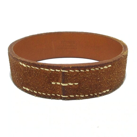 Auth HERMES Pool Tour Brown Leather Square E Bangle - Picture 3 of 5